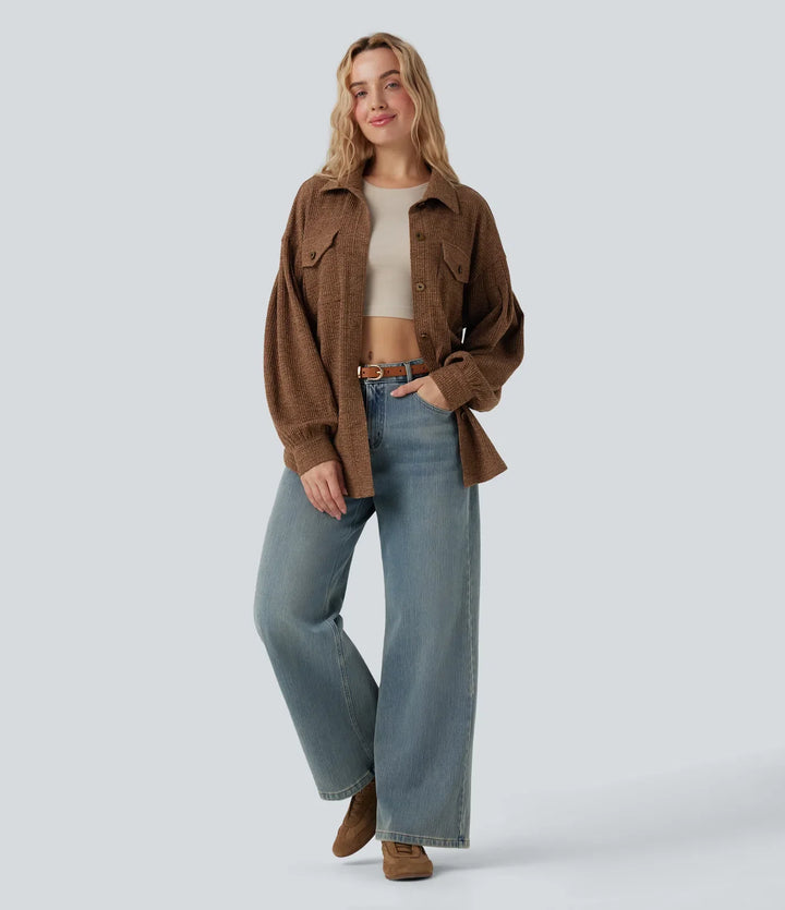 Long Sleeve Curved Hem Knit Waffle Casual Jacket with Pockets