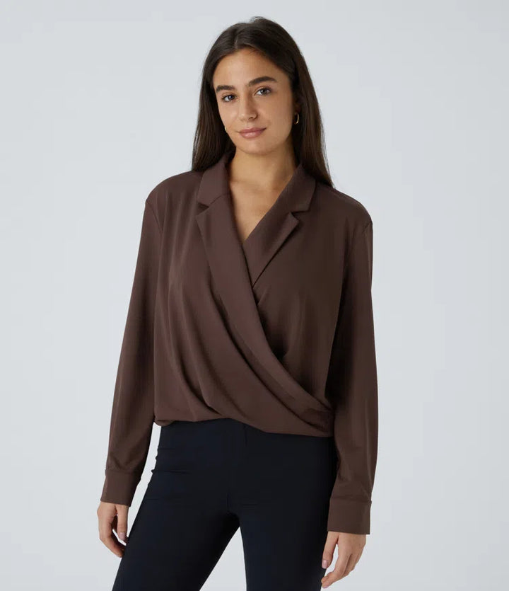 Notched Collar Crossover Long Sleeve Work Shirt