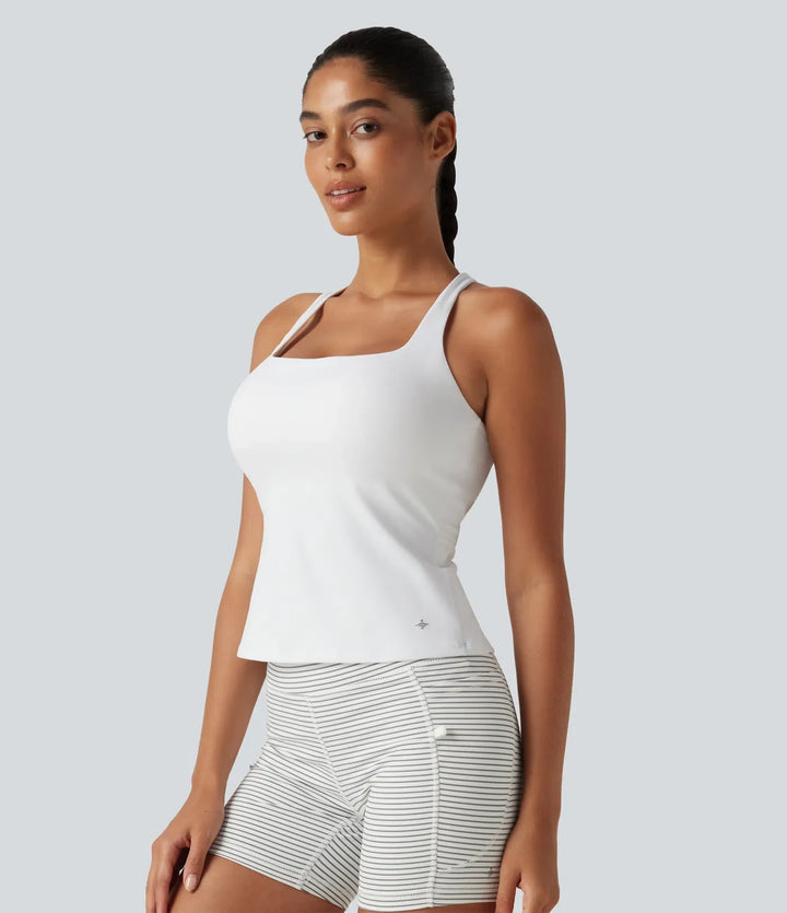 SoftlyZero Airy Square Neck Built-in Bra InstantCool Training Tank Top-Longer Length-UPF50+ DD-F Cups
