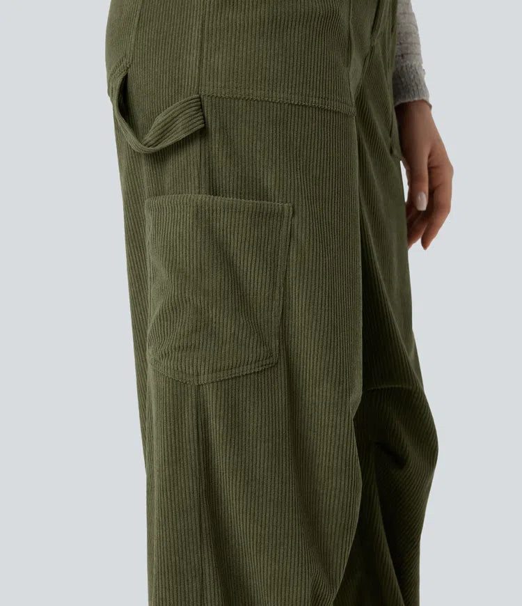 High Waisted Straight Leg Corduroy Casual Trousers with Pockets