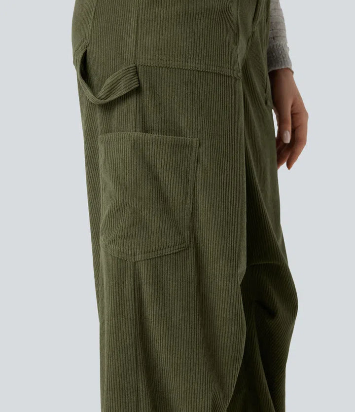 High Waisted Straight Leg Corduroy Casual Trousers with Pockets