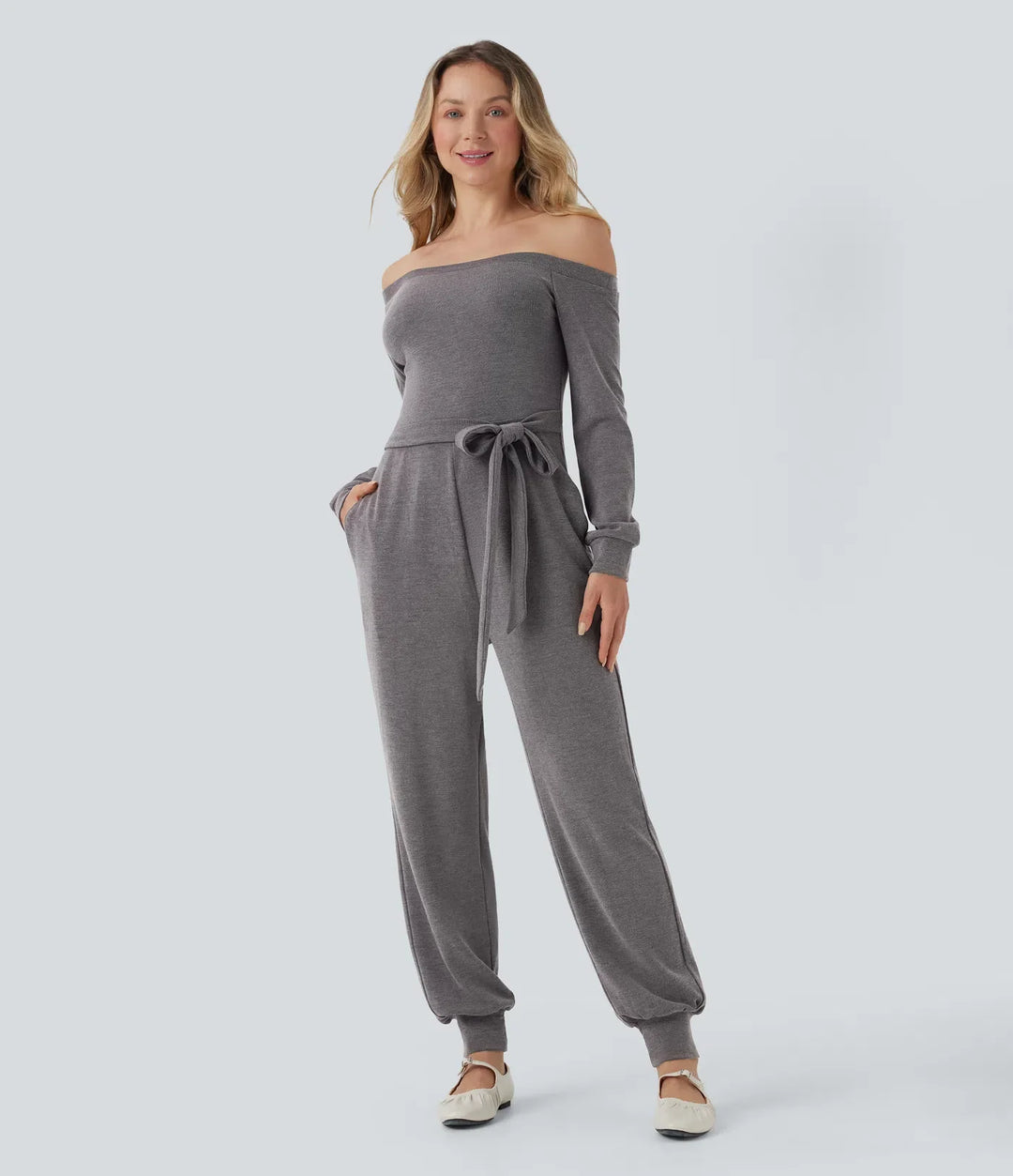 Off-Shoulder Long Sleeve Tie Casual Jumpsuit with Pockets