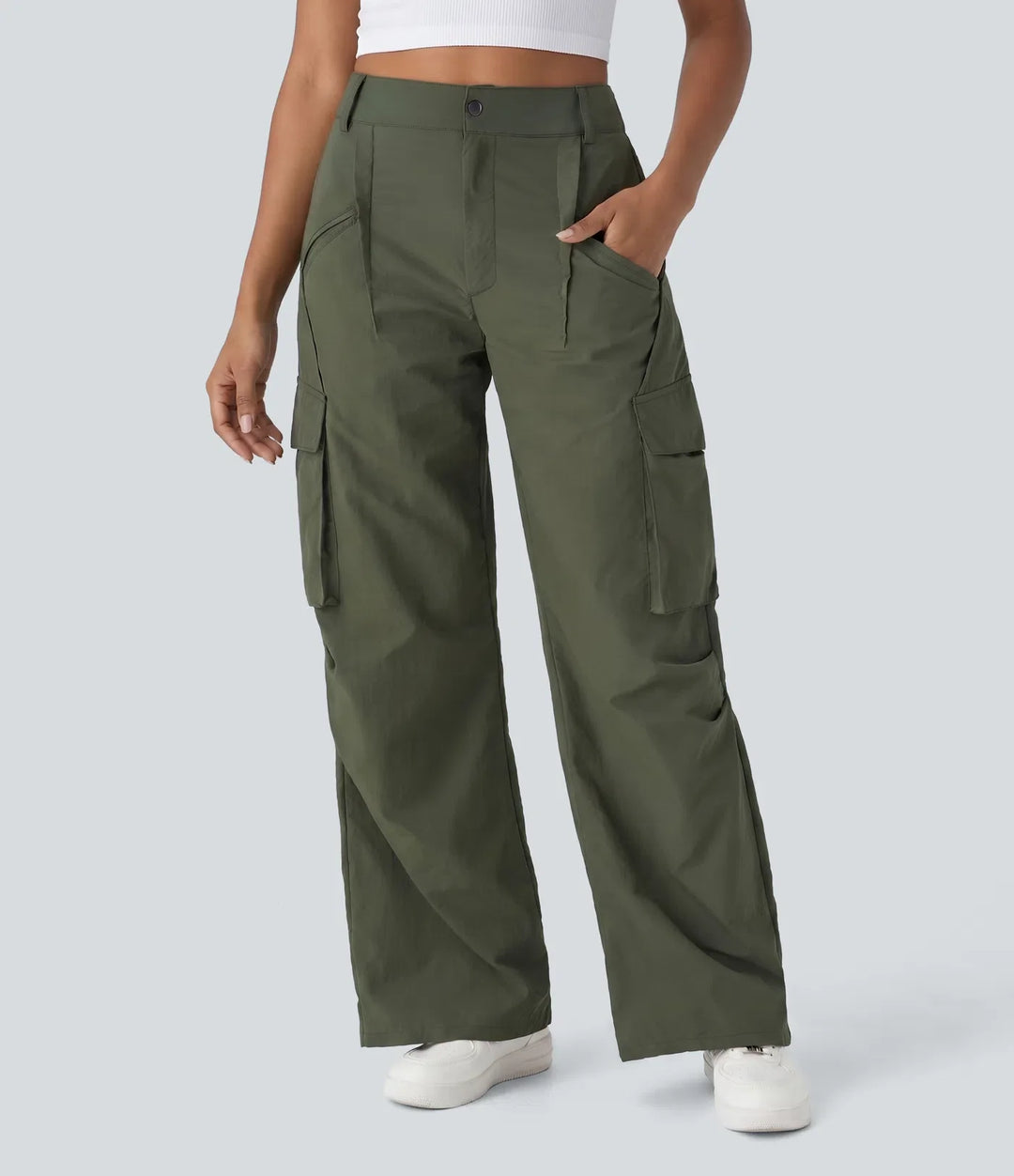 Mid Rise Button Zipper Side Pocket Wide Leg Baggy Casual Cargo Trousers