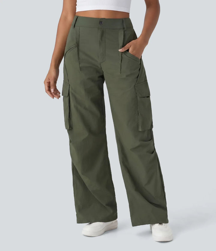 Mid Rise Button Zipper Side Pocket Wide Leg Baggy Casual Cargo Trousers