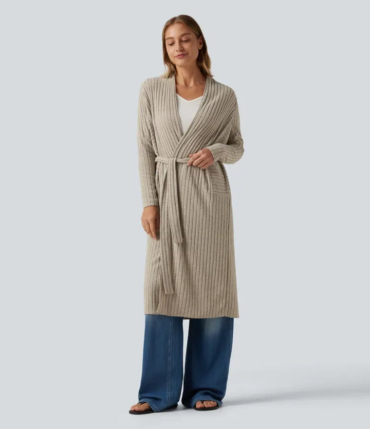 Ribbed Knit Batwing Long Sleeve Belted Casual Longline Cardigan