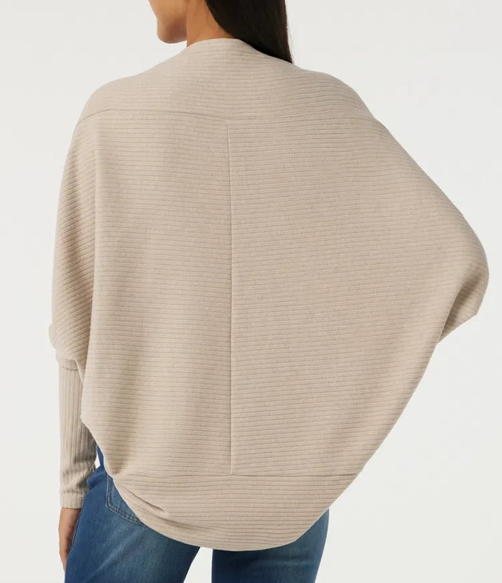Ribbed Knit Batwing Long Sleeve Curved Hem Casual Cardigan