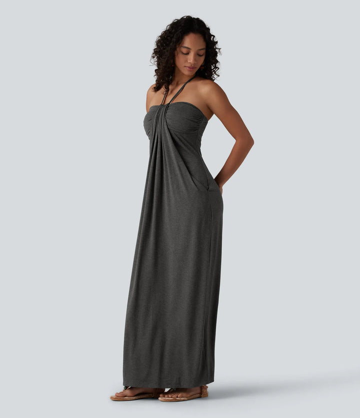 Halter Tie Back Built-in Bra Maxi Dress with Pockets
