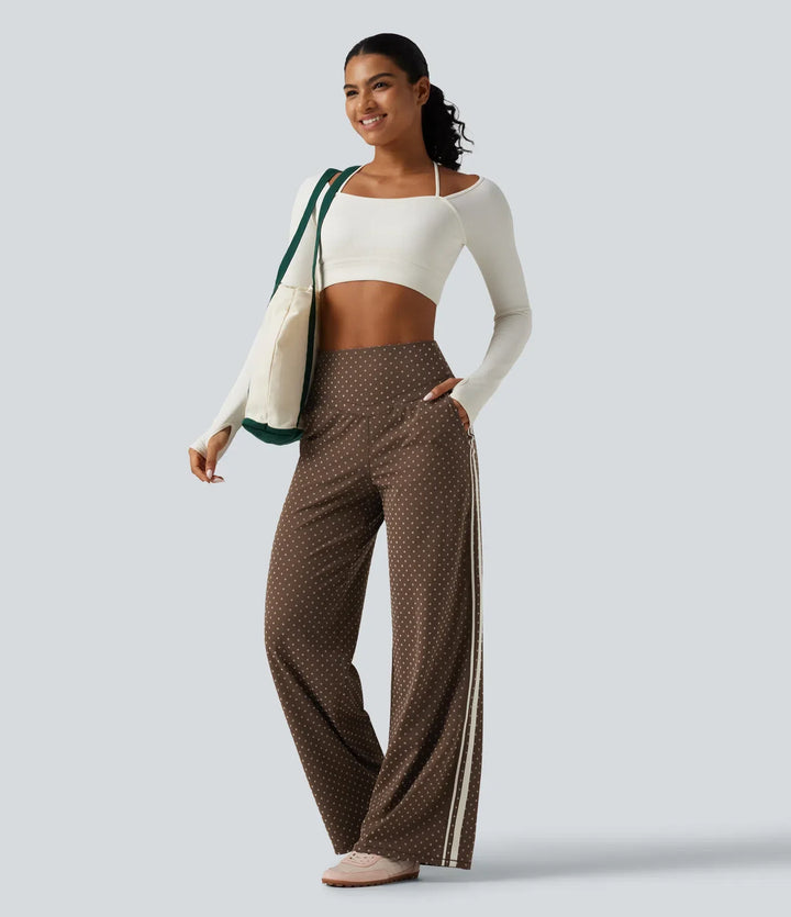 Halara UltraSculpt Flocked High Waisted V Shaped Tummy Control Straight Leg Polka Dot Yoga Trousers with Pockets