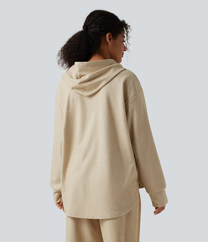 Long Sleeve Kangaroo Pocket Curved Hem Casual Pullover Hoodie with Pocket