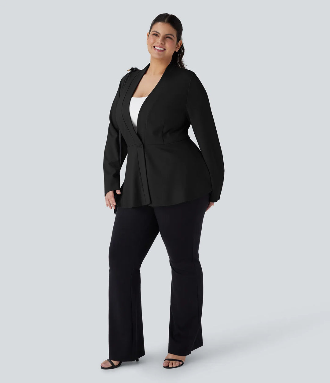 Plus Size V Neck Long Sleeve Single Front Work Peplum Jacket