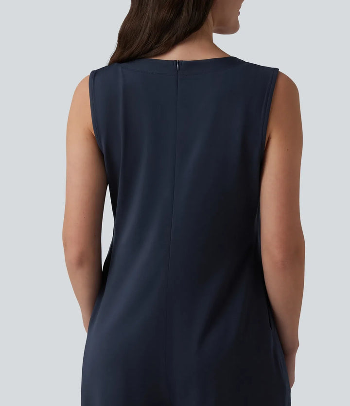 Deep V-neck Tie-front Pleated Sleeveless Invisible Zipper Casual Baggy Jumpsuit with Pockets