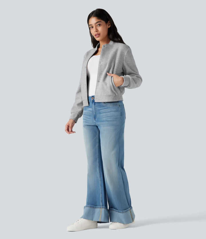 Stand Collar Long Sleeve Fleece Casual Bomber Jacket with Pockets