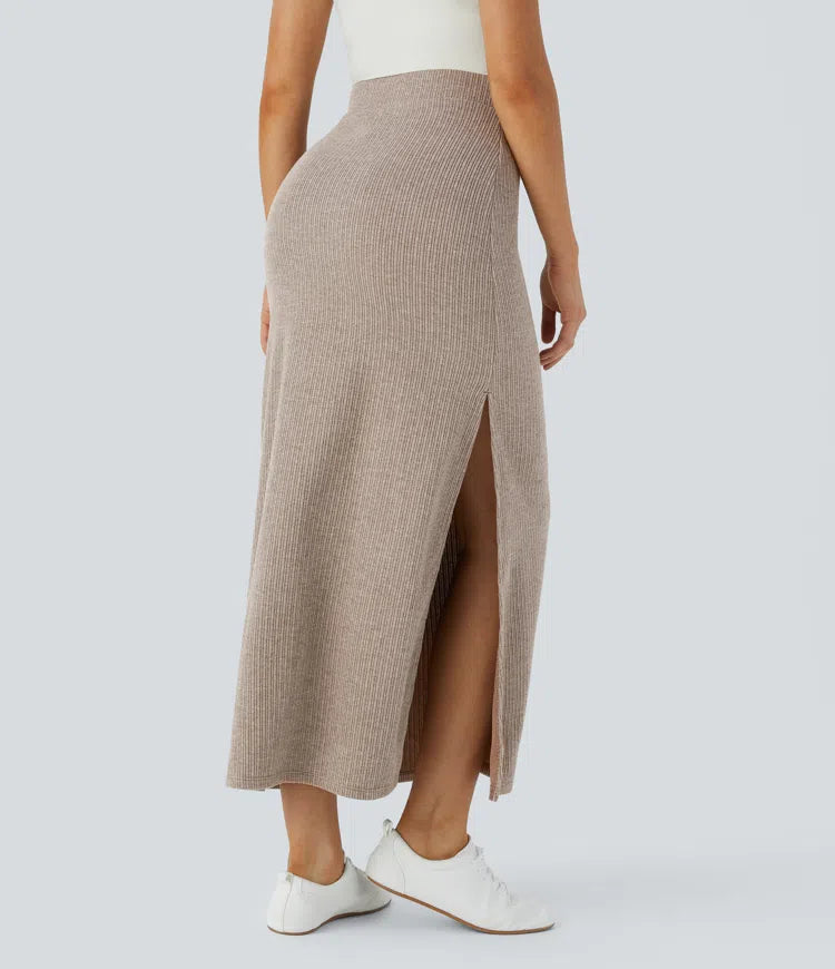 Ribbed High Waisted Hem A Line Maxi Fleece Casual Skirt