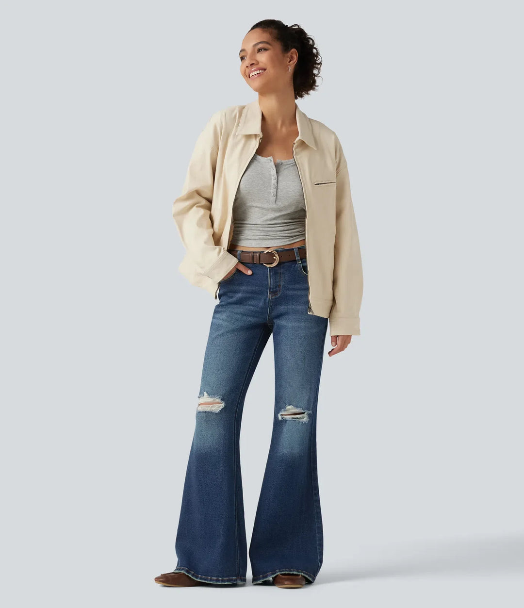 Low Rise Casual Flare Jeans with Pockets