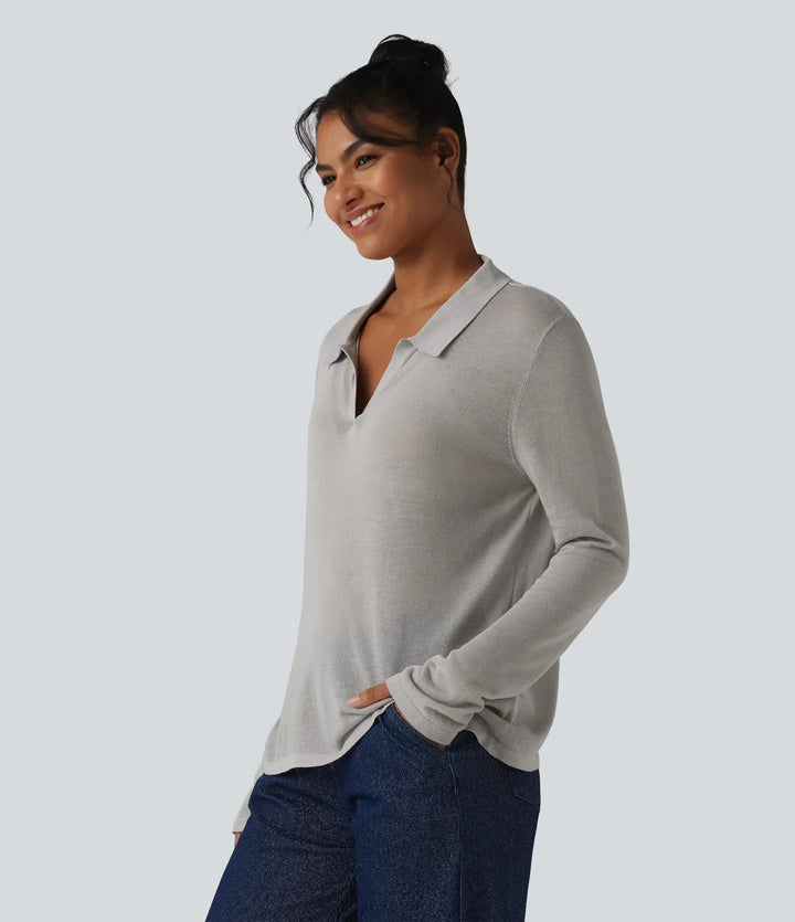 Polo Neck Long Sleeve Lyocell Linen Casual Jumper