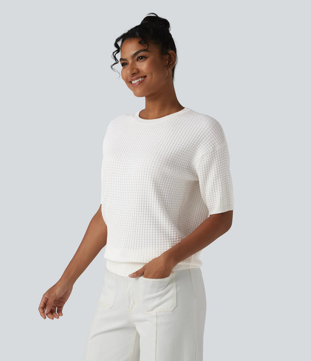 Round Neck Short Sleeve Waffle Casual Jumper