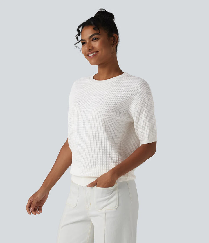Round Neck Short Sleeve Waffle Casual Jumper