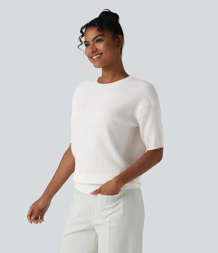 Round Neck Short Sleeve Waffle Casual Jumper
