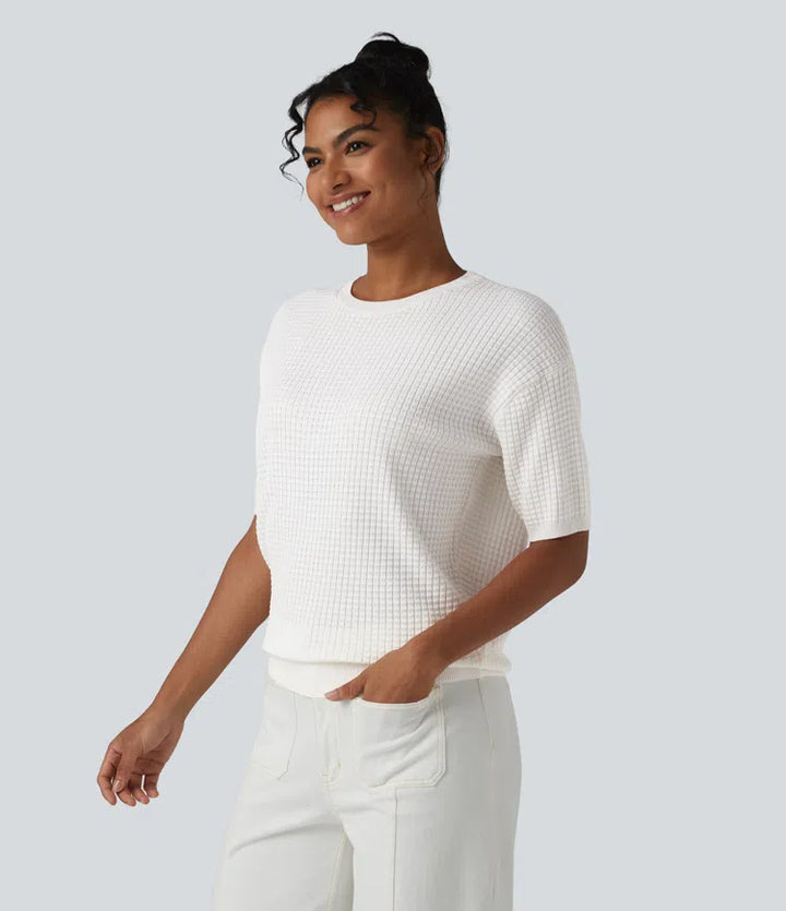 Round Neck Short Sleeve Waffle Casual Jumper