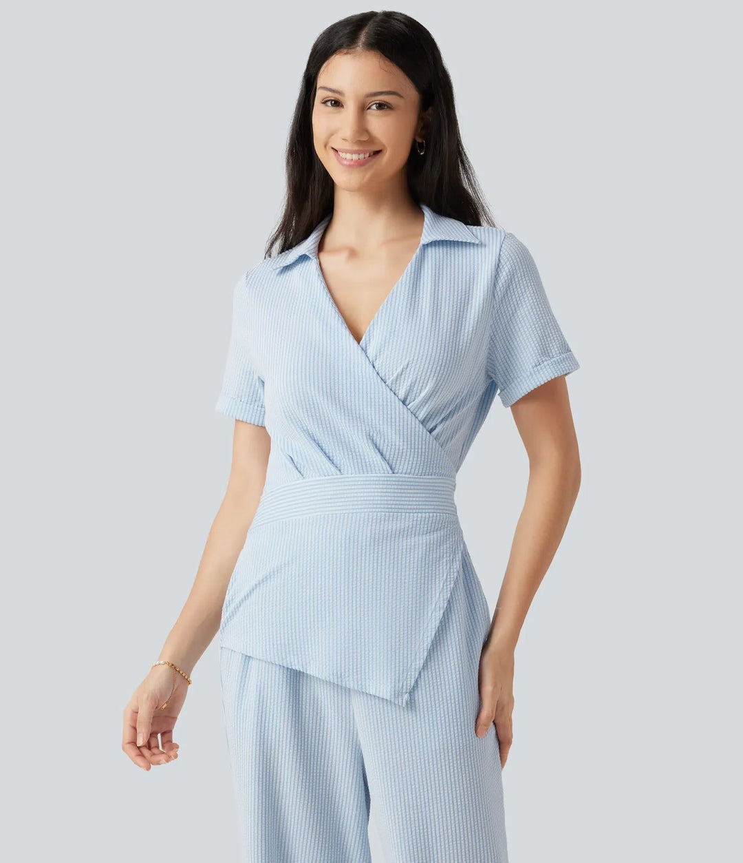 Short Sleeve Wrapped Tie Back Stripe Crinkle Cotton Casual Shirt Jumpsuit with Pockets-Easy Peezy Edition