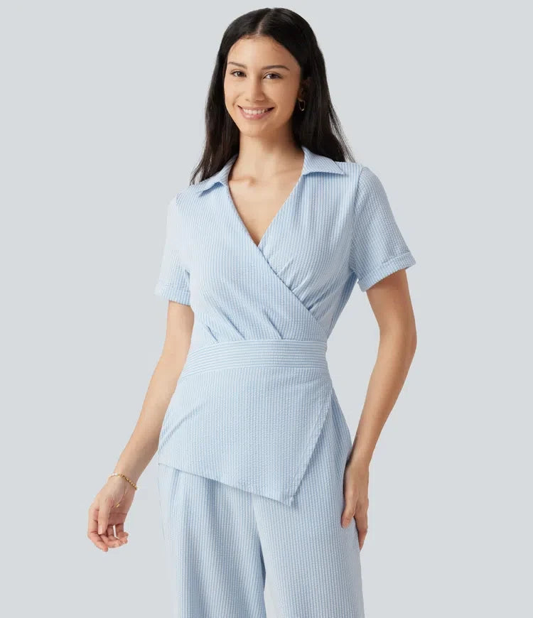 Short Sleeve Wrapped Tie Back Stripe Crinkle Cotton Casual Shirt Jumpsuit with Pockets-Easy Peezy Edition