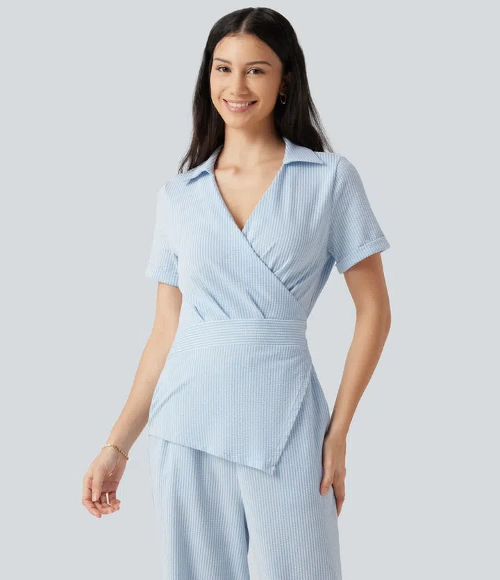 Short Sleeve Wrapped Tie Back Stripe Crinkle Cotton Casual Shirt Jumpsuit with Pockets-Easy Peezy Edition