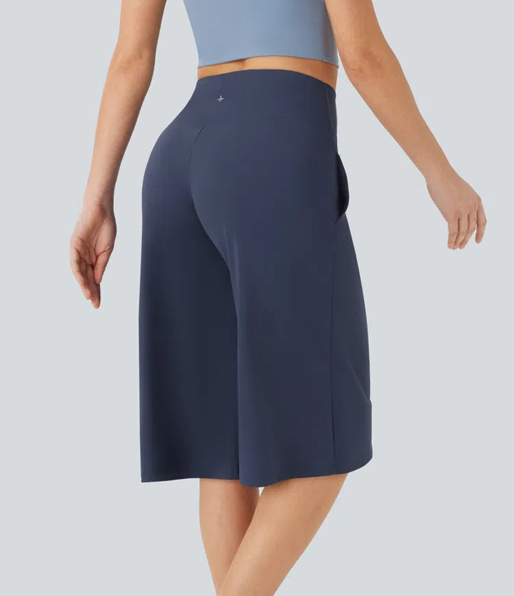 Softlyzero Airy Crossover High Waisted Wide Leg Yoga Cropped Capri Trousers with Pockets