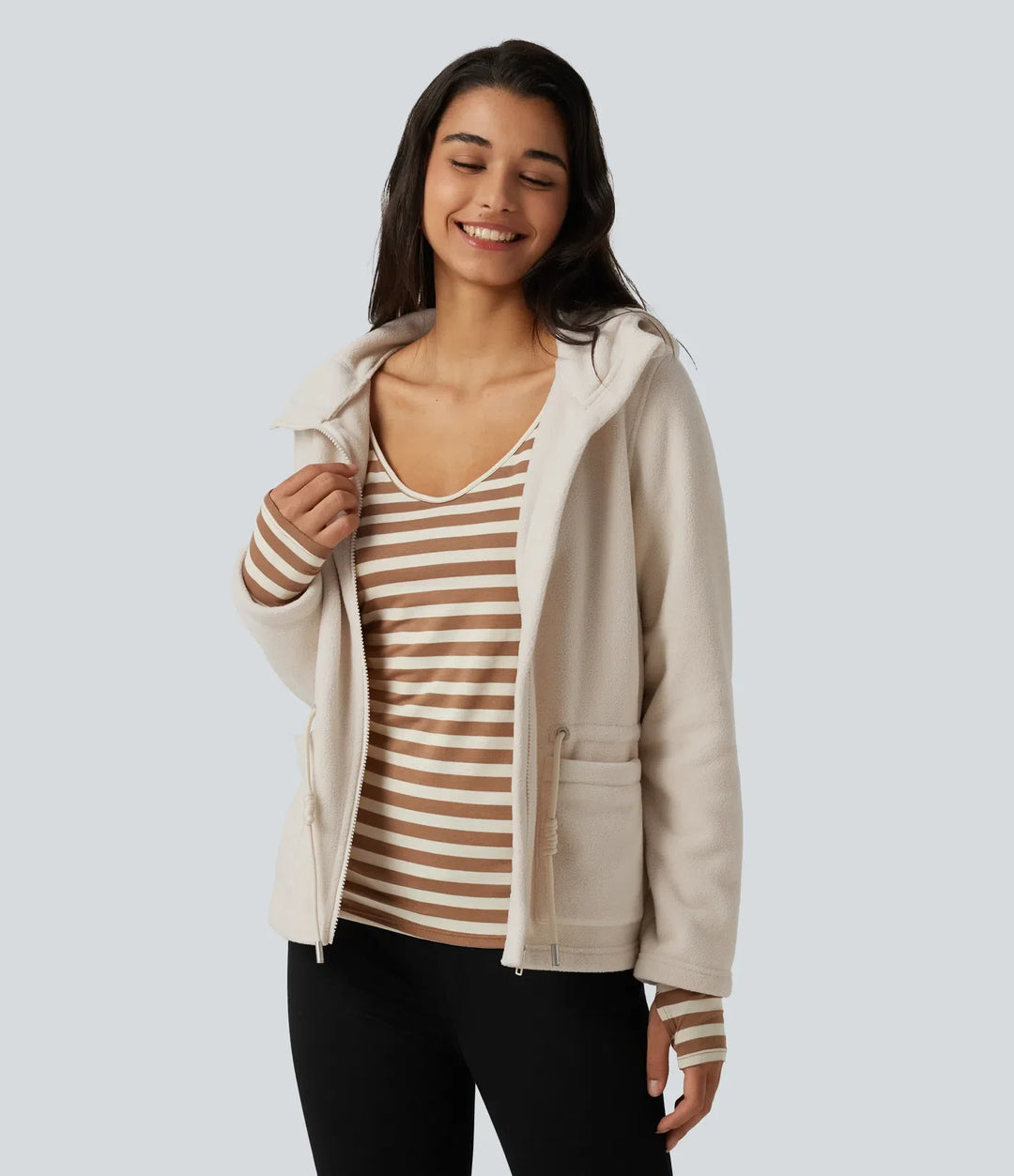 Hooded Drawstring Long Sleeve Casual Sherpa Jacket with Pockets