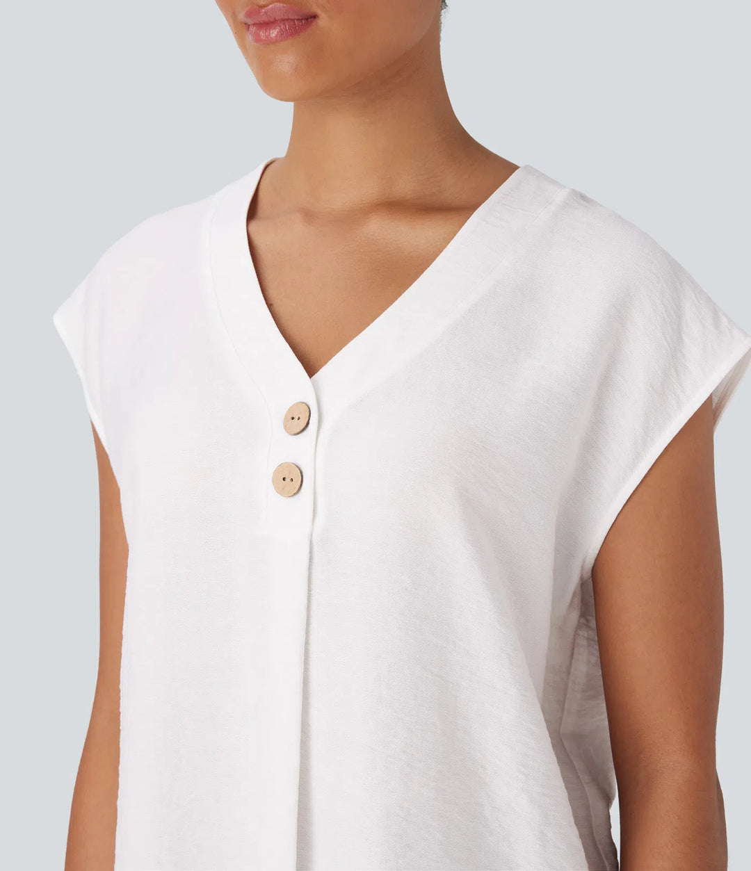 V Neck Cap Sleeve Decorative Button Work Blouse