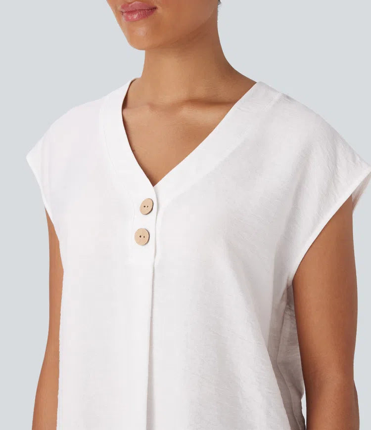 V Neck Cap Sleeve Decorative Button Work Blouse