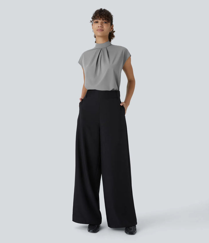 Stand Collar Button Back Cap Sleeve Work Blouse