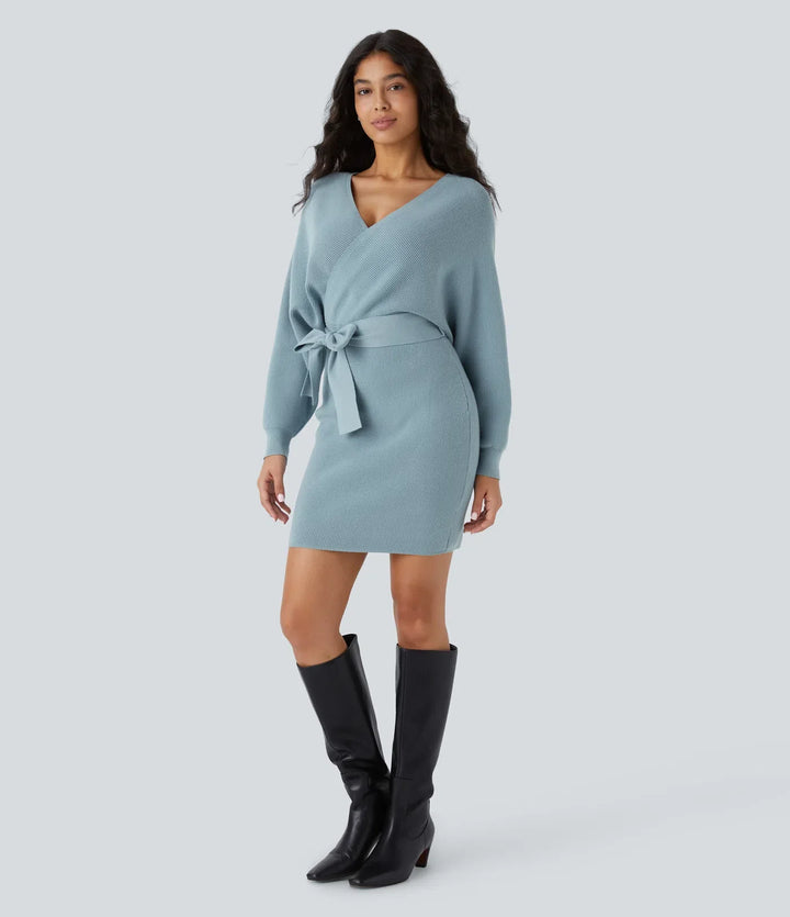 Crossover V Neck  Batwing Long Sleeve Belted Mini Casual Jumper Dress