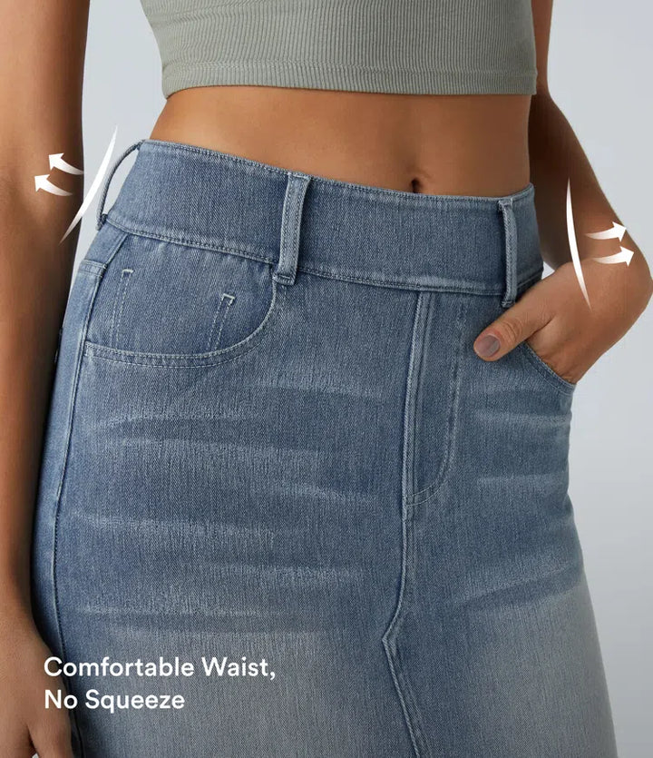 Halara Flex High Waisted Pockets Bodycon Washed Denim Casual Midi Skirt