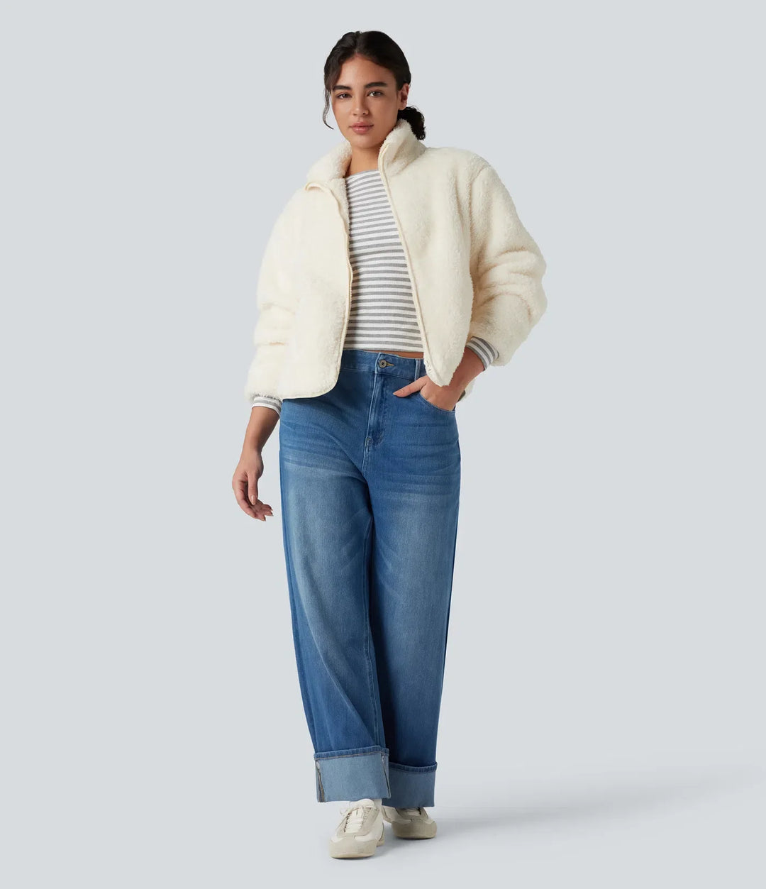 Stand Collar Long Sleeve Casual Sherpa Jacket with Pockets