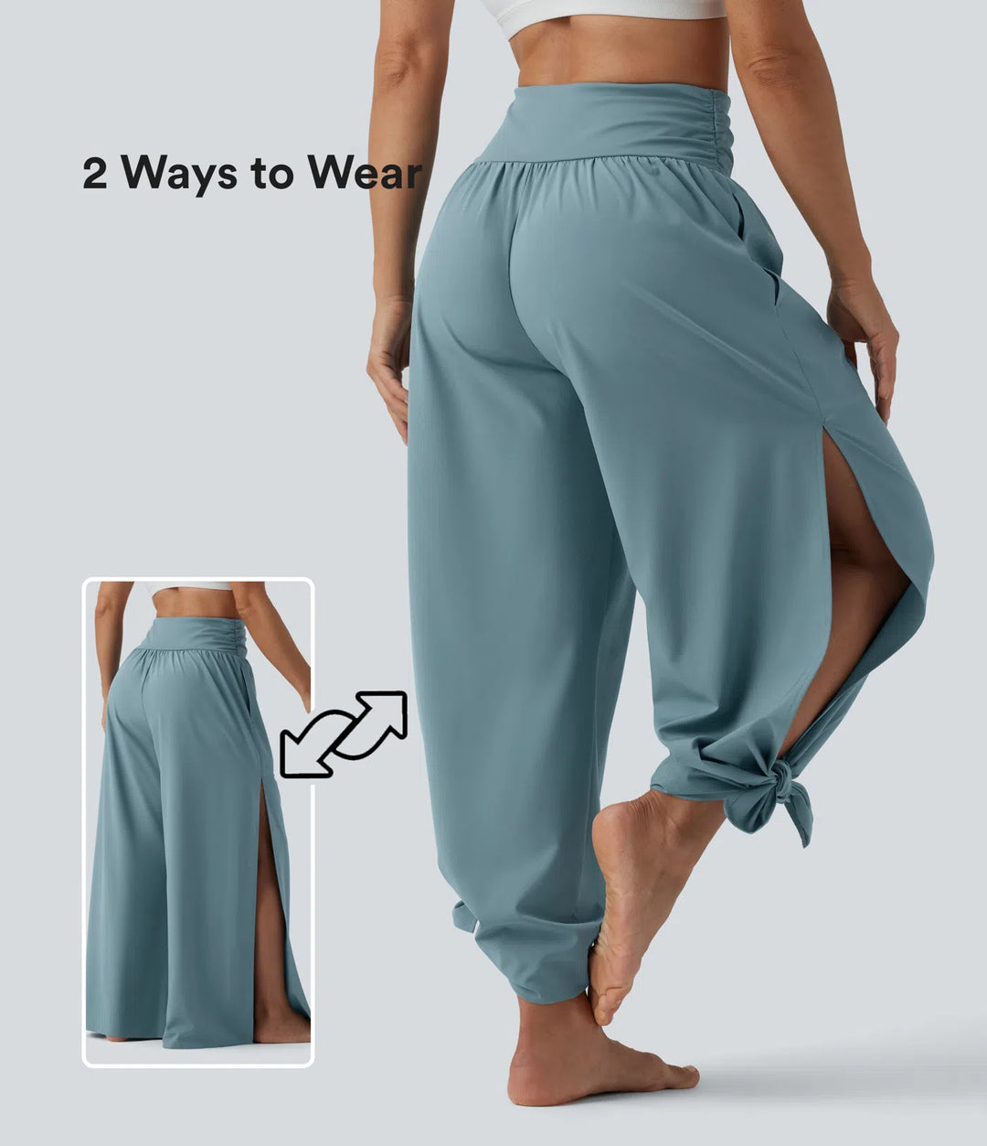 Breezeful High Waisted Ruched Split Quick Dry Resort Flowy Trousers with Pockets