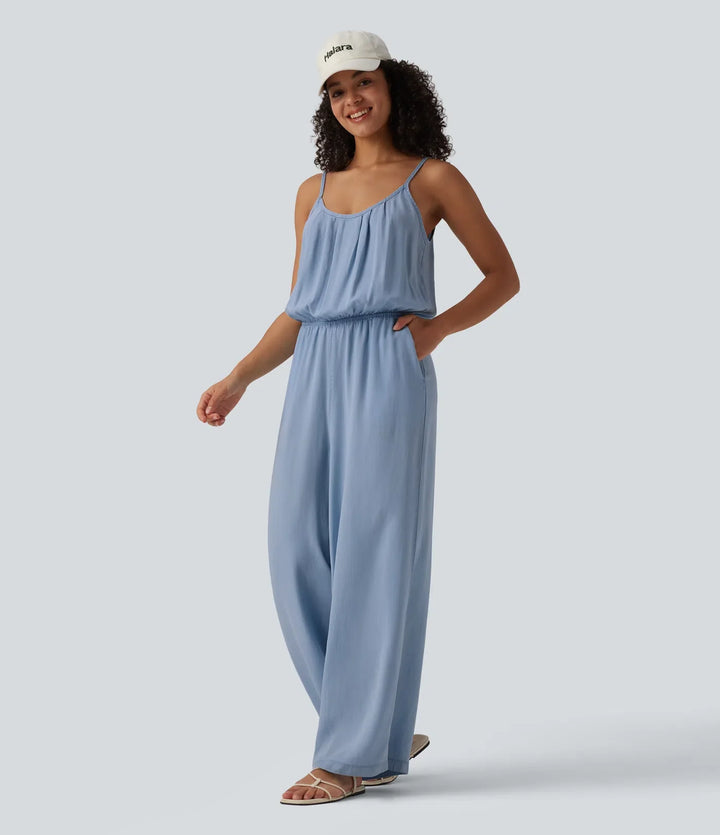 Wide Leg Denim Casual Slip Jumpsuit with Pockets