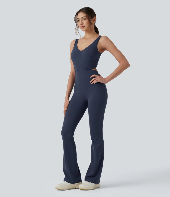 Halara UltraSculpt Non-removable pad Tummy Control Flare Workout Jumpsuit with Pockets-Easy Peezy Edition