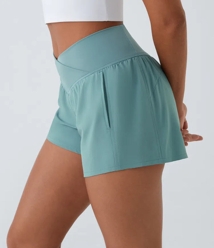 Breezeful High Waisted Crossover Side Pocket 2-in-1 Quick Dry Yoga Shorts 4"