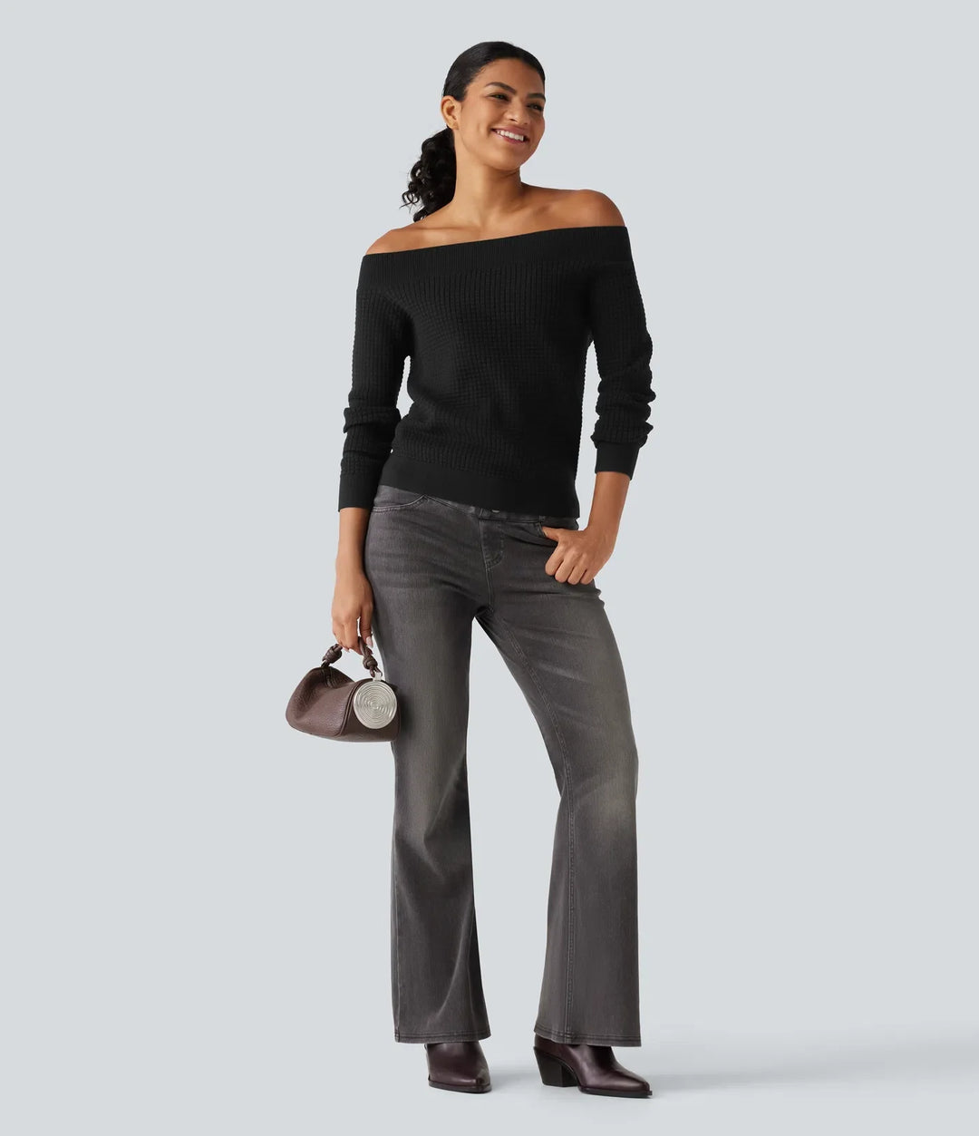 Off Shoulder Long Sleeve Casual Wool-Blend Jumper