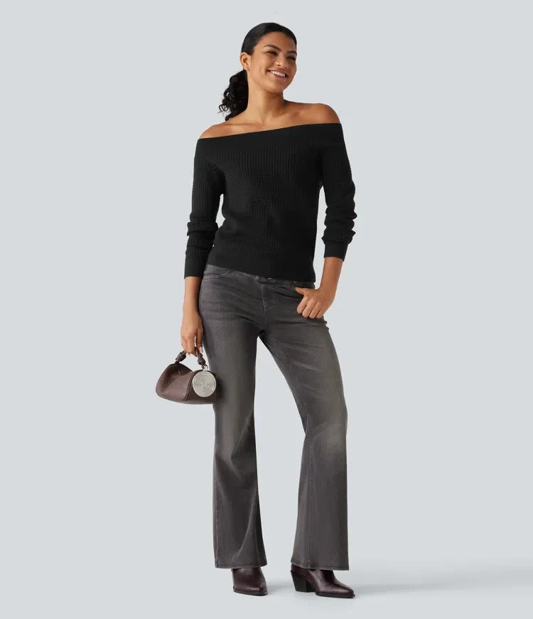 Off Shoulder Long Sleeve Casual Wool-Blend Jumper