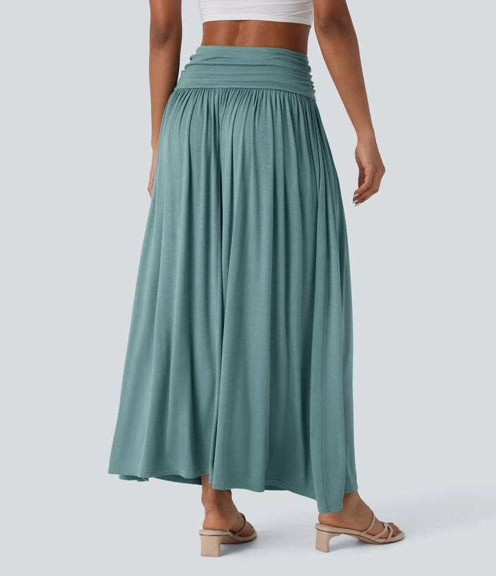 High Waisted Ruched Flowy Maxi Casual Skirt