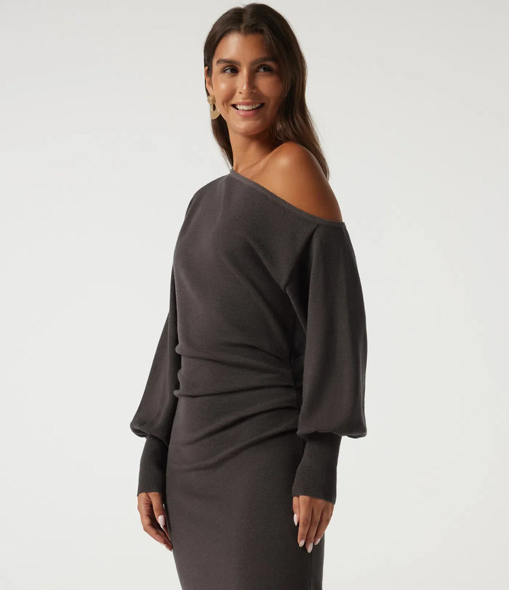 One Shoulder Puff Long Sleeve Asymmetric Work Midi Jumper Dress