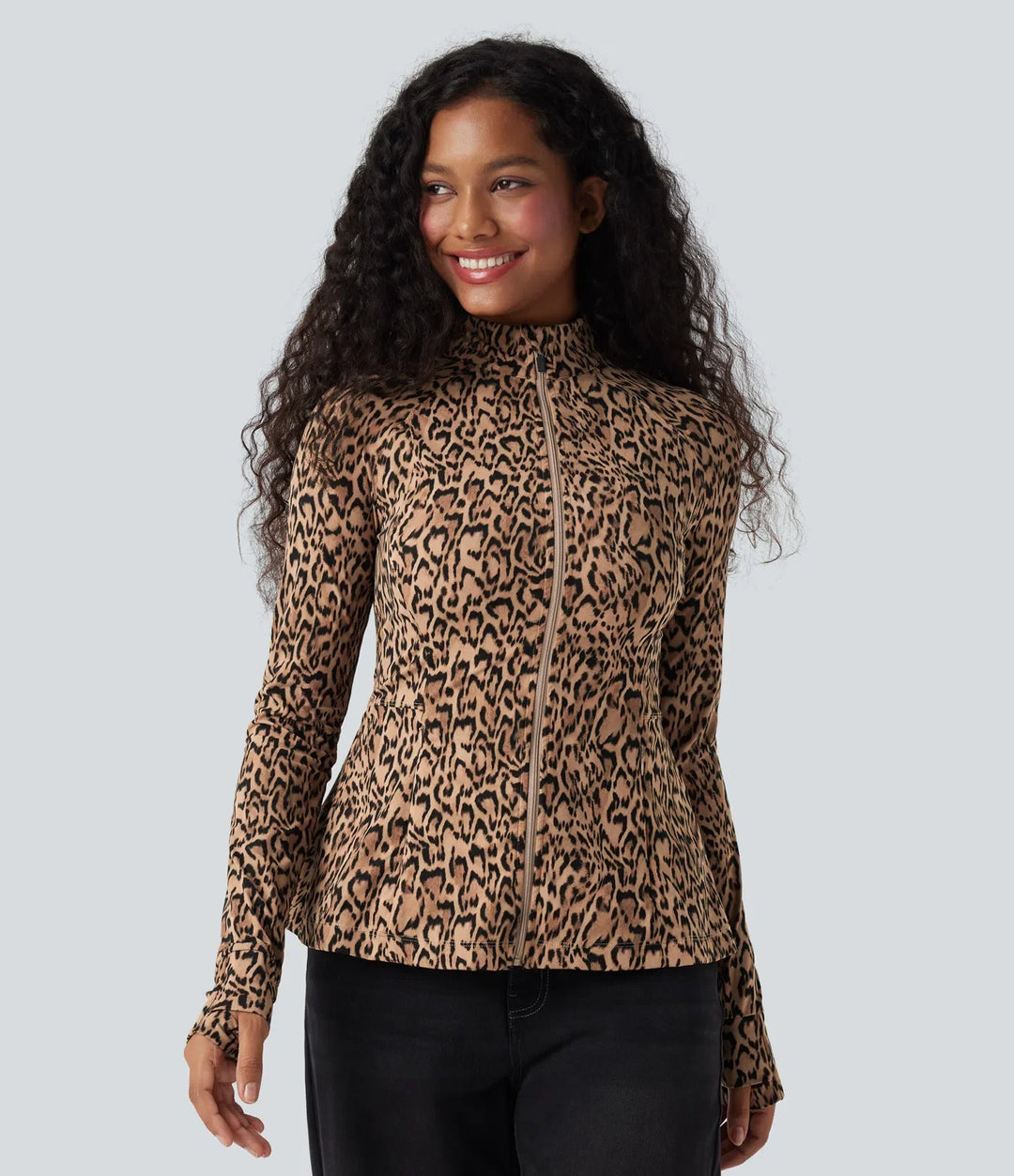 Halara UltraSculpt Leopard Print Stand Collar Long Sleeve Thumb Hole Casual Jacket with Pockets