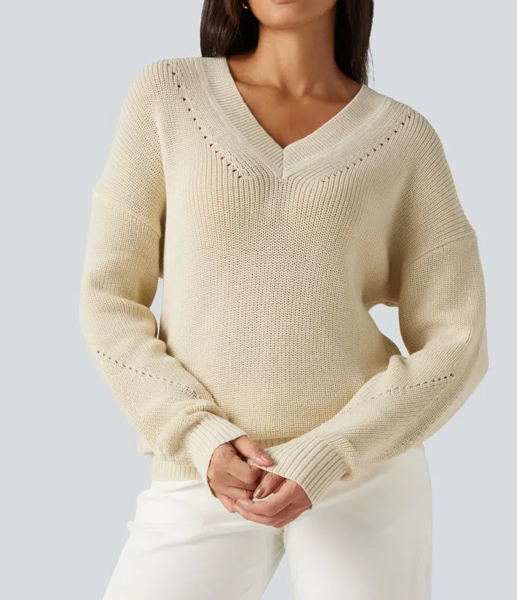 V Neck Dropped Shoulder Long Sleeve Cut Out Casual Jumper