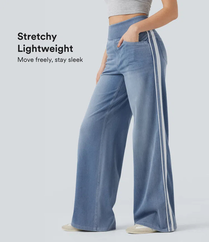 Halara Flex High Waisted Stripe Wide Leg Flowy Washed Casual Jeans with Pockets