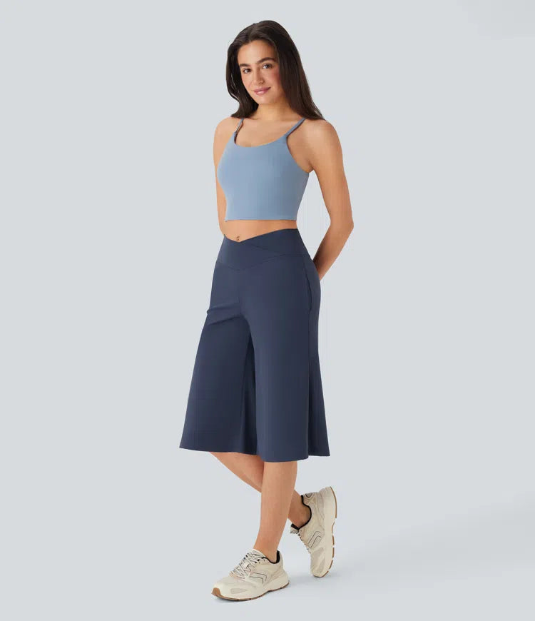 Softlyzero Airy Crossover High Waisted Wide Leg Yoga Cropped Capri Trousers with Pockets