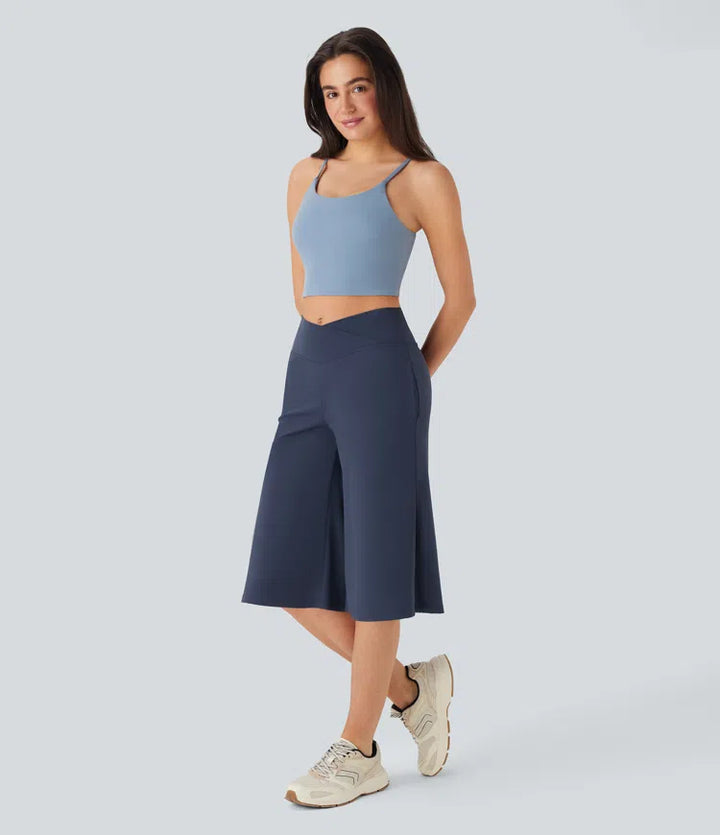 Softlyzero Airy Crossover High Waisted Wide Leg Yoga Cropped Capri Trousers with Pockets