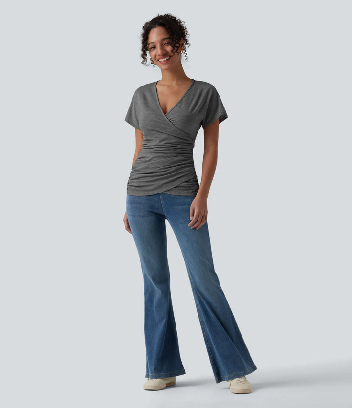 V Neck Short Sleeve Ruched Casual Top