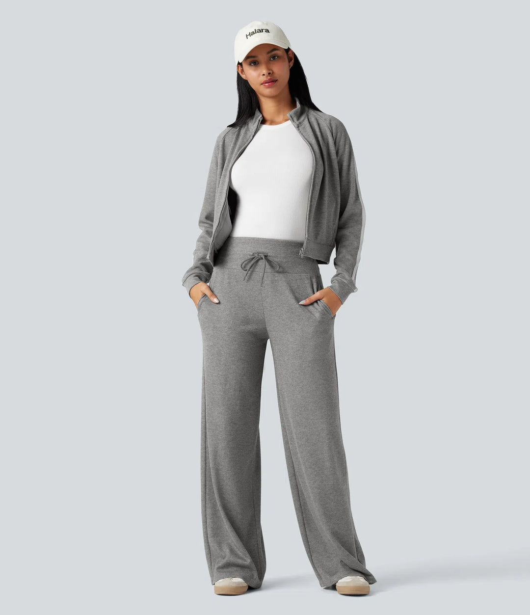 Ribbed Knit High Waisted Tummy Control Drawstring Casual Wide Leg Trousers with Pockets
