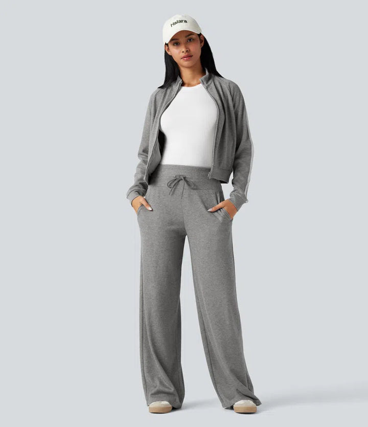 Ribbed Knit High Waisted Tummy Control Drawstring Casual Wide Leg Trousers with Pockets